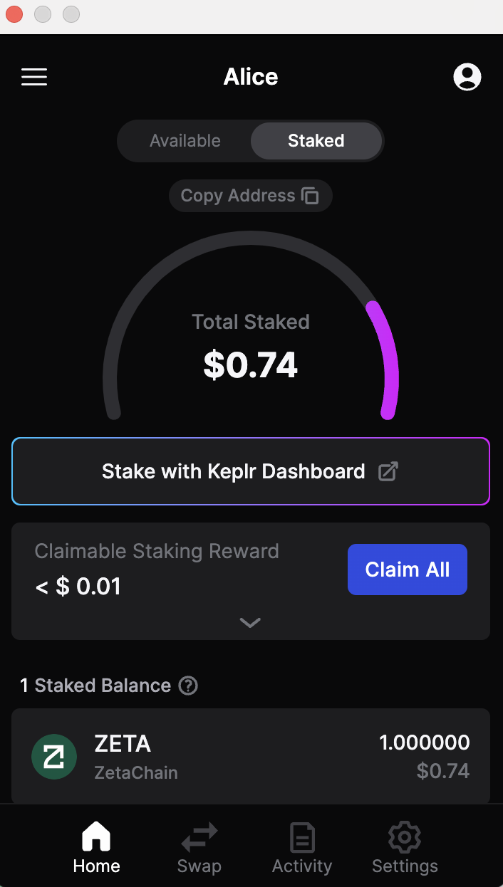 Keplr staking result